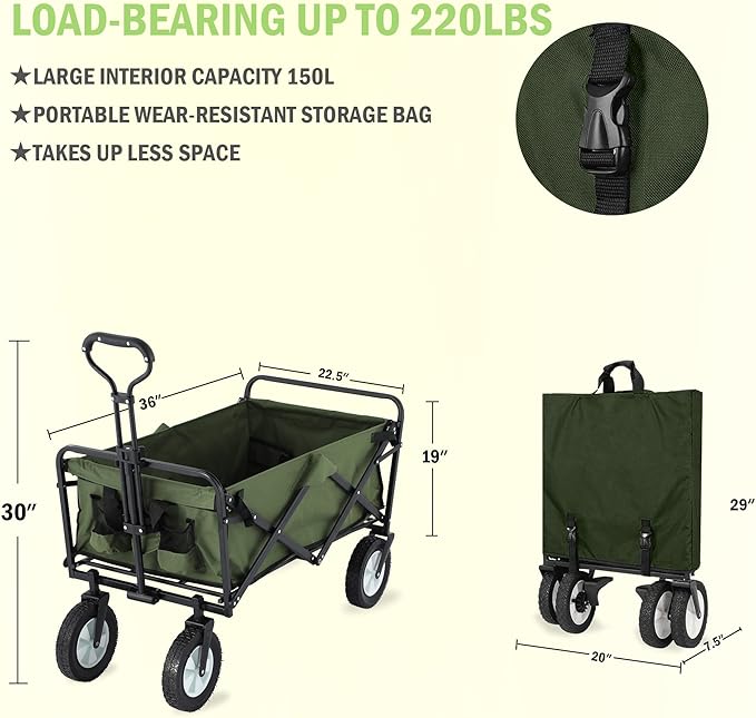 220 lbs Capacity Folding Wagon, Utility Garden Cart Collapsible with Wheels for Outdoor Camping, Green