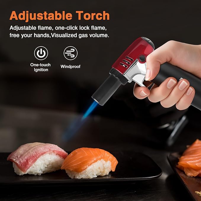 Butane Torch Lighter Refillable with Adjustable Flame Kitchen Torch for Creme Brulee Baking BBQ Cooking Soldering One Hand Operation with Fuel Window Safety Lock (Butane Gas Not Included)