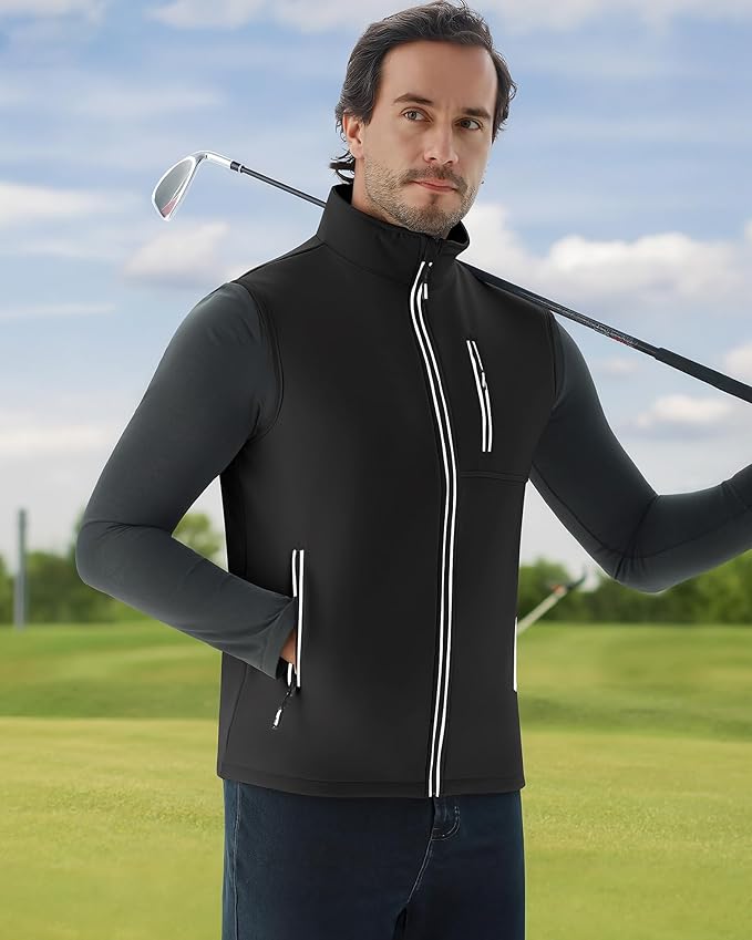 WULFUL Men's Windproof Lightweight Golf Vest Outerwear with Pockets, Softshell Sleeveless Jacket for Travel Hiking Running