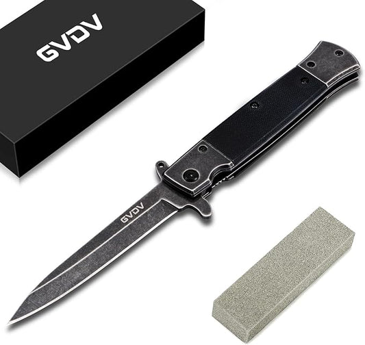 GVDV Pocket Knife Folding Knives, Cool Pocket Knives for Men, 7Cr17 Stainless Steel Knife Set with Sharpening for Fishing Camping Hunting Hiking, Black Stonewashed