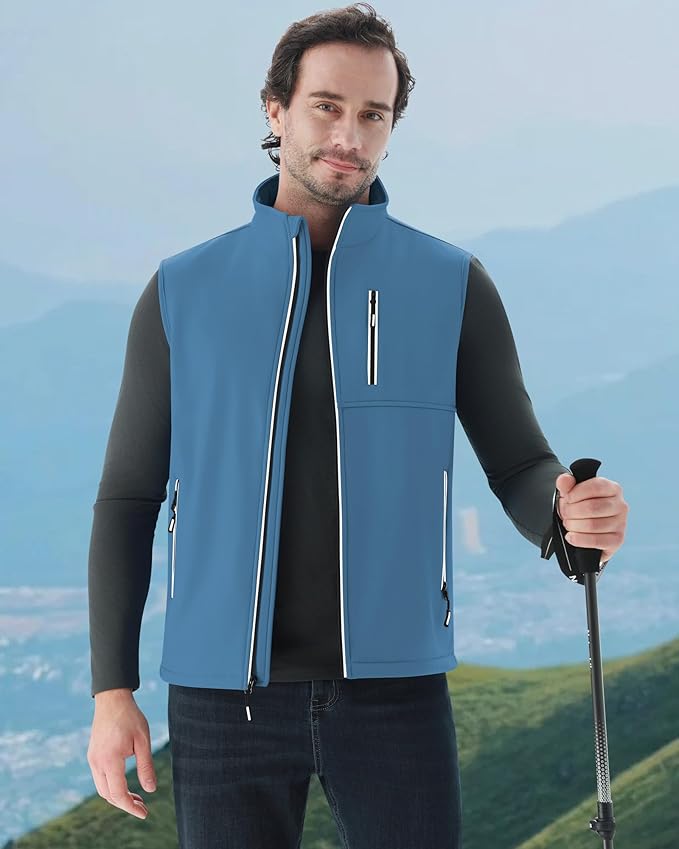 WULFUL Men's Windproof Lightweight Golf Vest Outerwear with Pockets, Softshell Sleeveless Jacket for Travel Hiking Running