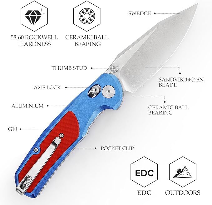 Axis Knives,3.34” Folding Knife for Men, EDC Pocket Knife with Clip,14C28N Steel Blade, Thumb Stud ,Aluminium & G10 Handle. Hiking Camping Tool,Hornet-08L