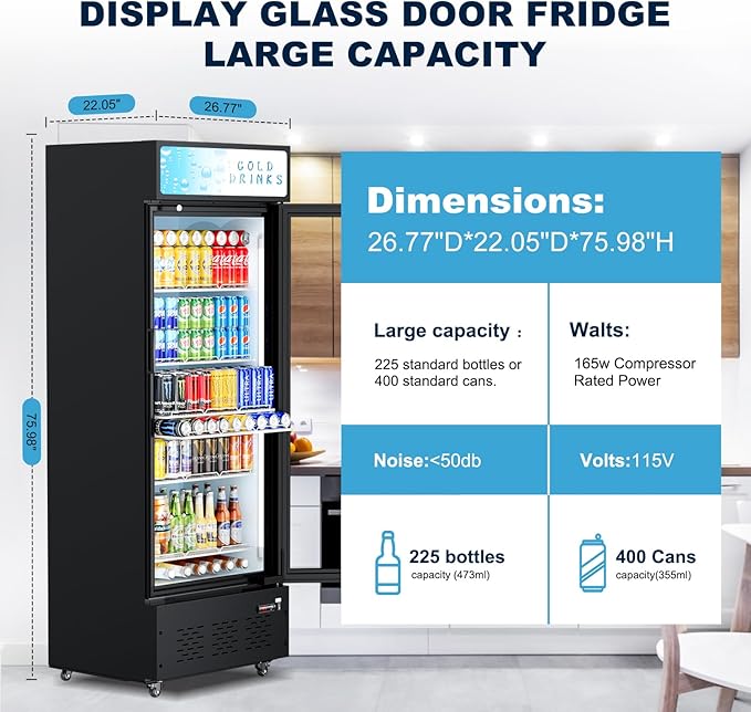 Commercial Glass Door Display Refrigerator 15 cu.ft Commercial Beverage Refrigerators with LED Light and 5 Shelves for Cafe, Restaurant, Store, Bar