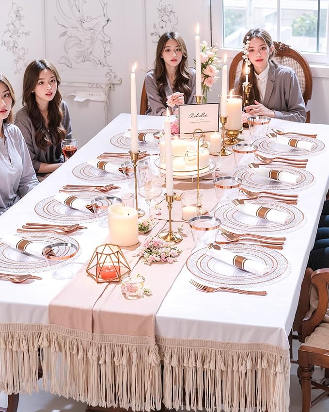 Ciaell 350PCS Rose Gold Plastic Plates - Clear Rose Gold Disposable Plates with Plastic Silverware include 100Plates, 150Silverware, 50Cups, 50Napkins for Wedding & Party & Baby Shower
