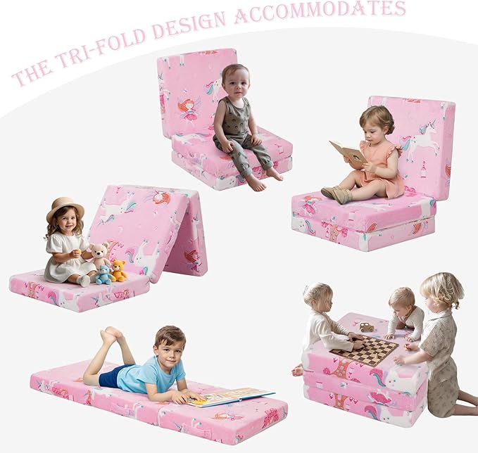 MeMoreCool Foldable Floor Mattress for Kids, Glow Fairy Toddlers Trifold Nap Mat, Kids Folding Mattress Portable Sleeping Futon for Daycare or Floor Bed, 57x22 Inch Pink