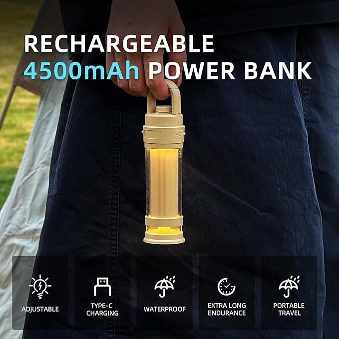 Hanging LED Camping Light with Stand, 4 Modes Dimmable Camp Lamp with Type-C Rechargeable, 4500mAh Tent Ambient Lantern for Outdoor Hiking,Glamping,Emergency(Khaki)