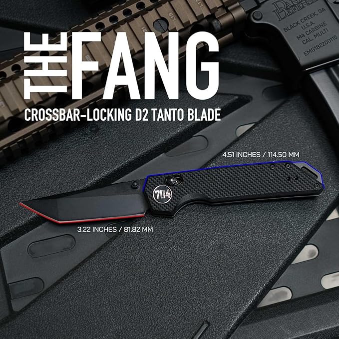 704 Gear Fang EDC Folding Pocket Knife | 3.22" Tanto Blade, D2 Steel, G10 Handle, Crossbar Lock, Reversible Pocket Clip | Black