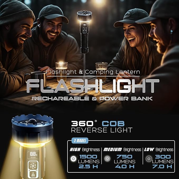 Rechargeable Flashlights High Lumens, 3500LM Bright Tactical Flashlight, 4000mAh with LCD Display, 3 Modes COB Camping Lantern EDC Flashlight for Outdoor Emergency, Hiking, Home Use