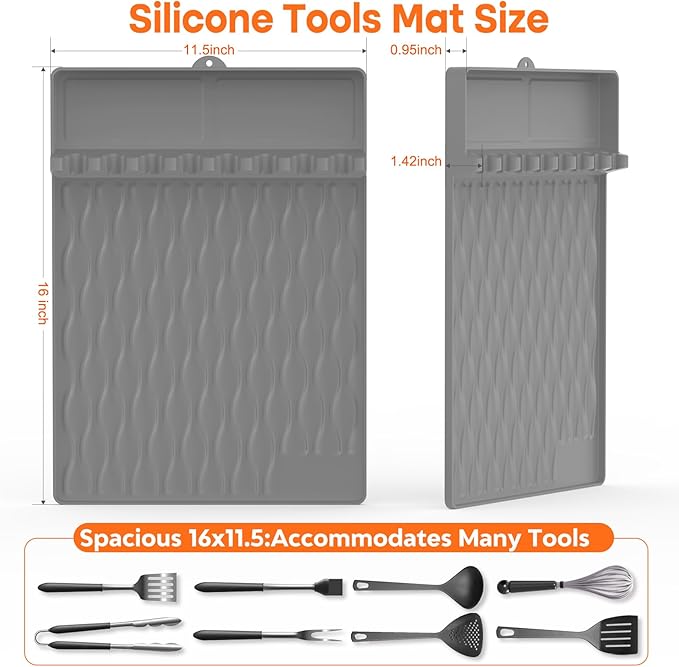 Silicone Griddle Tools Mat with Drip Pad for Blackstone – Non-Slip Spatula Rest & Side-Shelf Mat for Outdoor Grill Kitchen Counter, Heat-Resistant Grill Pad, Blackstone Griddle Accessories(Gray)