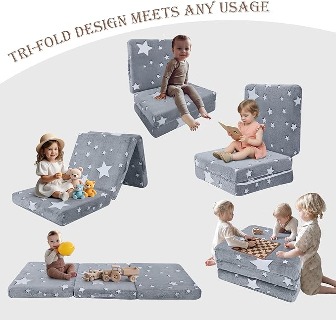 MeMoreCool Glow Star Pattern Foldable Floor Mattress for Kids, Trifold Nap Mat for Toddlers, Portable Daycare Sleeping Futon or Floor Bed, 57x22 Inch