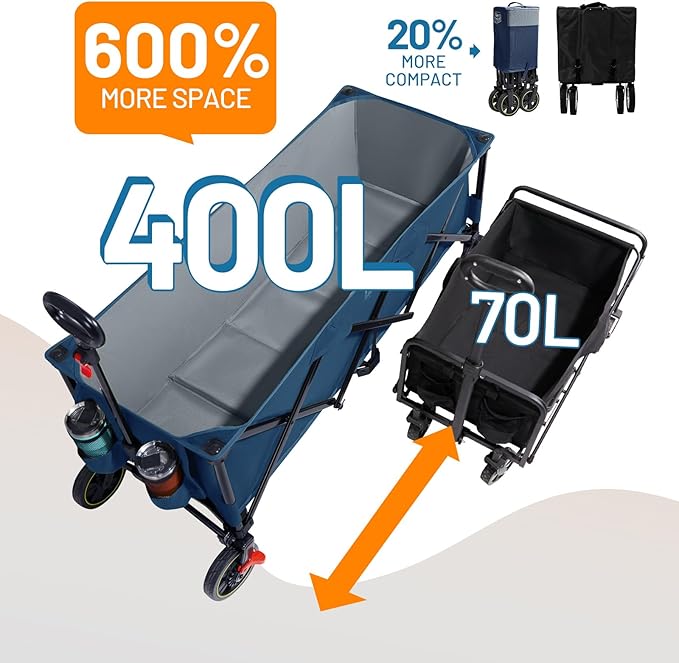 TIMBER RIDGE 51.2'' Extended Collapsible Wagon Cart with Brakes and Cargo Net, 350LBS Heavy Duty Foldable Utility Wagon with Adjustable Handle, 400L Capacity Portable Cart for Camping Sports Shopping