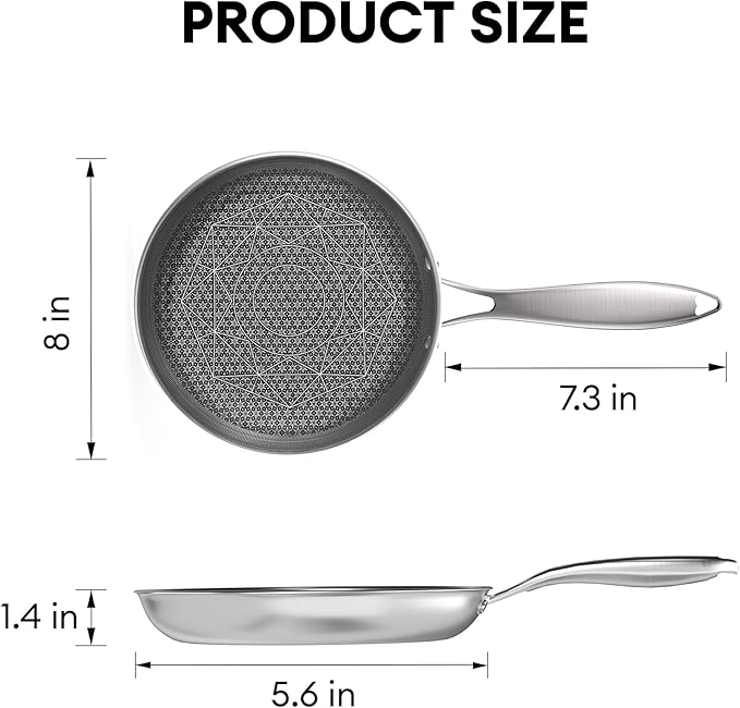 COOKING KING 8-Inch Stainless Steel Pan, Hybrid Nonstick Frying Pan, Skillet, 3-Ply Clad Cookware, Even Heat Distribution, Dishwasher & Oven Safe, with Stay-Cool Handle, Induction Compatible