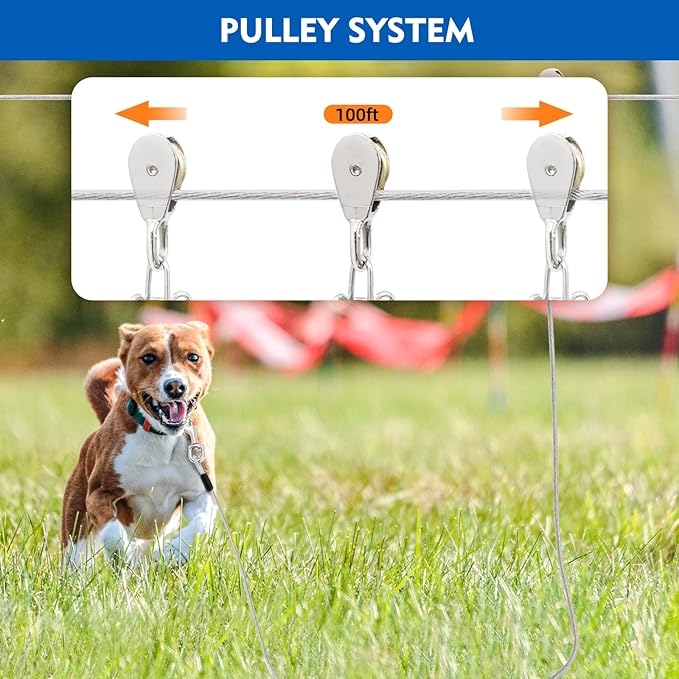 100FT Dog Runner for Yard with 10FT Tie Out Cable - Heavy Duty Trolley System for Large Dogs Up to 250LBS, Backyard/Park/Camping Use (Silver, 100FT+10FT)