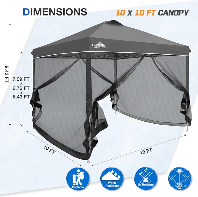 EAGLE PEAK 10x10 Outdoor Easy Pop up Canopy with Netting, Instant Screen Party Tent with Mesh Side Walls, Gray