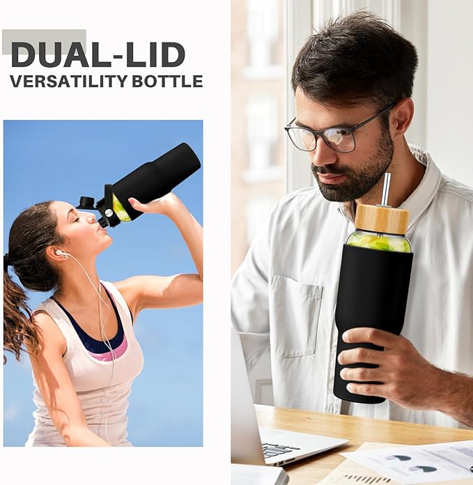 PROBTTL 40 oz Glass Tumbler with Handle - Sports Clear Borosilicate Glass Water Bottle with Straw, Silicone Sleeve, 2 Lids - Handle Spout & Bamboo Straw Lid, Fits Car Cup Holder, Leakproof