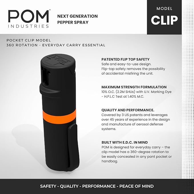 POM Pepper Spray Combo Pack Clip & Keychain - Maximum Strength OC Spray Self Defense- Tactical Compact & Safe Design - 25 Bursts & 10 ft Range - Stream Spray Pattern