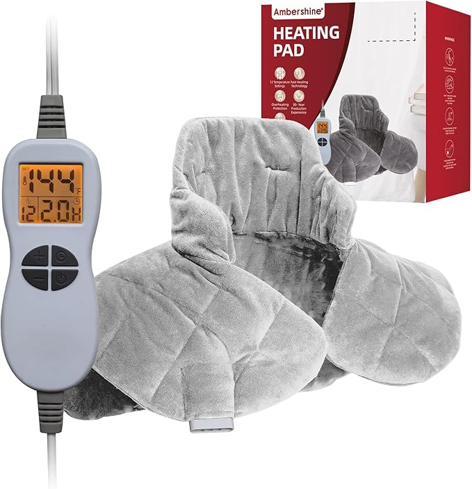 Ambershine 19''x24'' Weighted Neck & Shoulder Heating Pad, 2.5lbs with 12 Temperature Settings& 4 Auto-Off Timers, Pain Relief for Neck/Shoulder/Back, Christmas Gifts for Women Men Mom Dad(Light Gray)