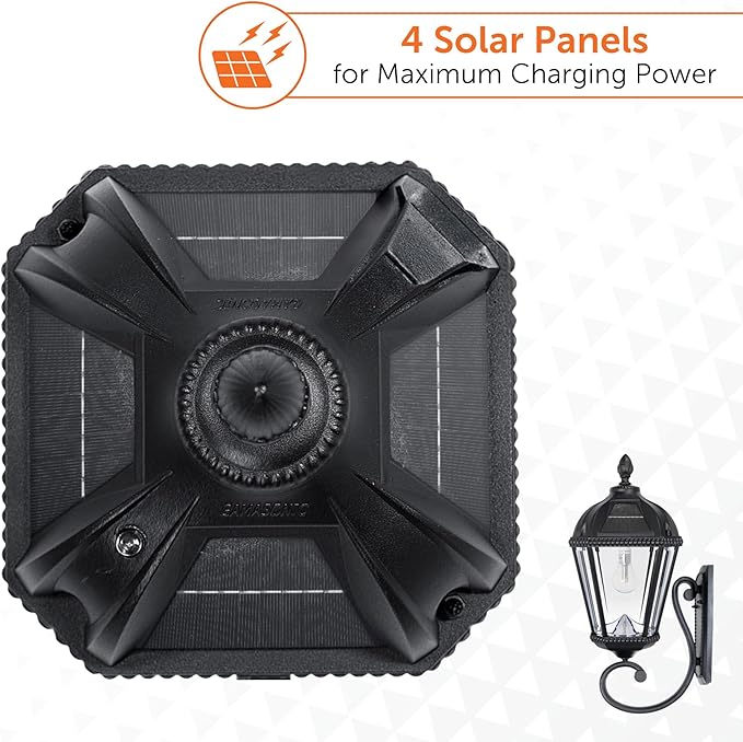 Gama Sonic Solar Outdoor Wall Light, Royal Bulb Exterior Sconce Lamp, Black Cast Aluminum, Clear Beveled Glass, Warm White LED with Omni-Direction Reflector, Large 21-Inch Height, 98B010 (Upgraded)