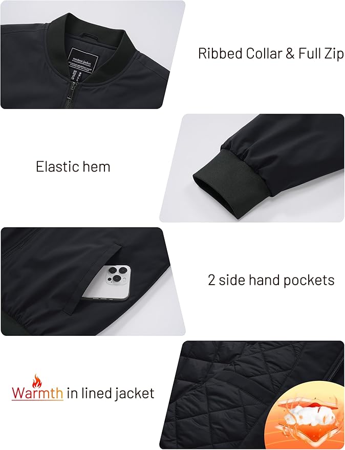Cotrasen Men's Bomber Jacket Full Zip Windbreaker Warm Winter Windproof Casual Outwear Padded Lined Coats