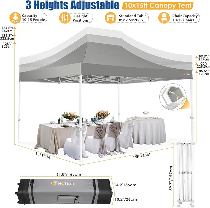 HOTEEL 10x15 Pop up Canopy Tent for Parties, Heavy Duty Easy Setup Tent with 4 Sidewalls, Outdoor Commercial Instant Gazebo for Wedding Event, with Roller Bag & Sand Bags, Grey(Hexagonal Frame)