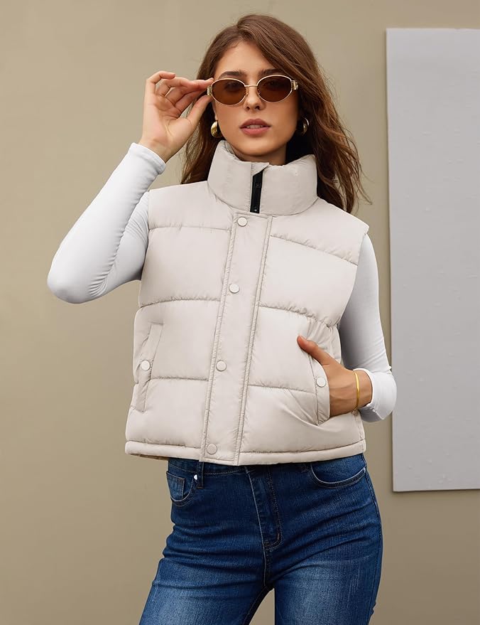 Fengbay Womens Puffer Vest Sleeveless Puffy Cropped Vests Stand Collar Vest Lightweight Bubble Quilted Vests Trendy 2025