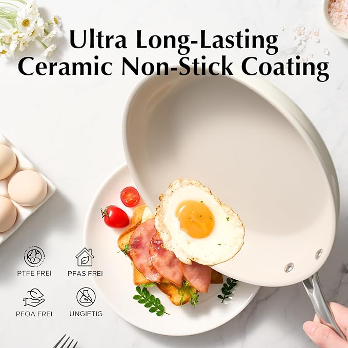 Redchef Ceramic Non Stick Egg Pans, Nonstick Frying Pan Skillet, 8 inch Cooking Pan Non Toxic with Stay Cool Handle for Induction, PTFE & PFAS & PFOA Free, Dishwasher/Oven Safe (Beige White)