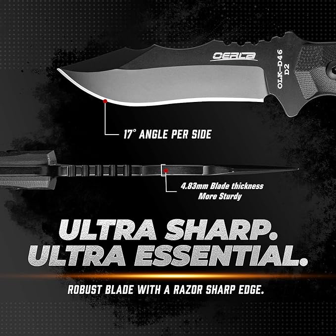 OERLA OLK-D46 Tactical Fixed Blade – D2 Steel Full Tang Survival Tool with Kydex Sheath & G10 Handle for Camping, Hunting, Bushcraft