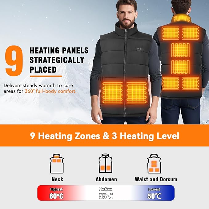 Heated Vest for Men, 3-Temp Dual Control, 9 Heat-Zone, Wind/Waterproof, 16000mAh Power Bank, for Skiing Hiking