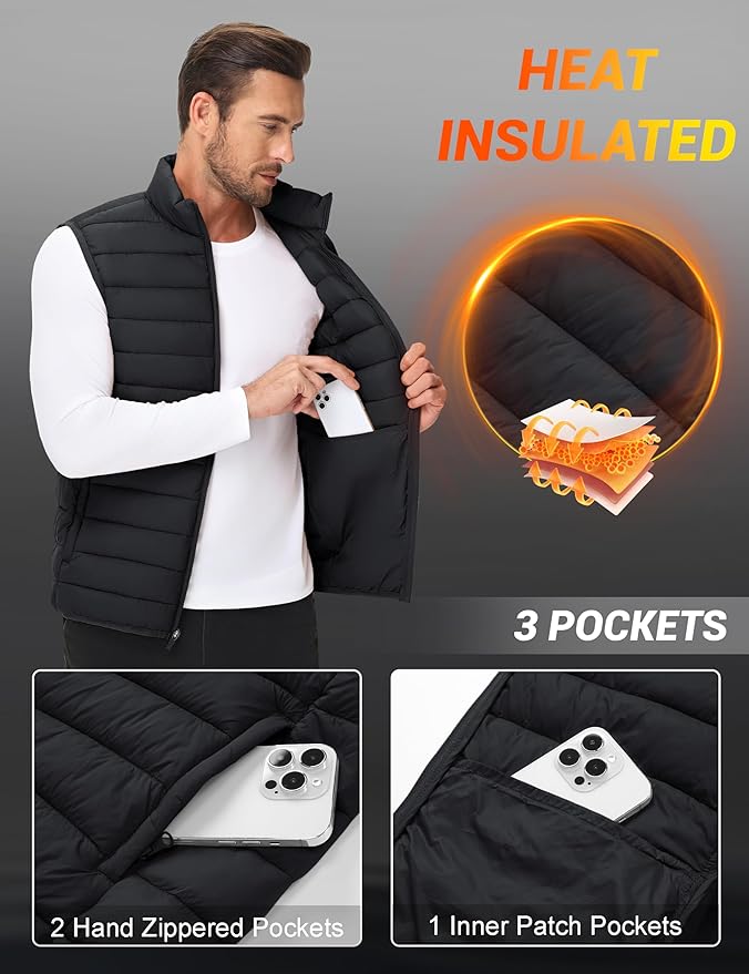 Cotrasen Men's Puffer Lightweight Vest Packable Outerwear Vest Warm Winter Outdoor Sleeveless Jacket for Travel Running