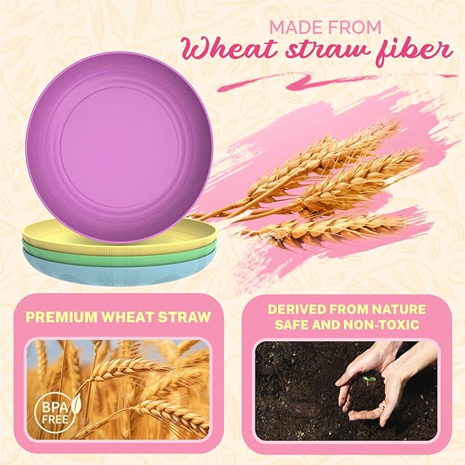 Homienly Wheat Straw Dinner Plates Set of 4 Unbreakable Plate Set with Textured Pattern - Microwave and Dishwasher Safe Plates Kitchen Plate for Salad, Dessert, Dinner, Fruit - Memphis Color