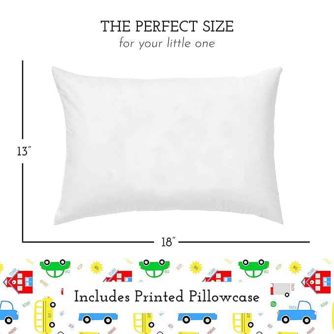 Little Sleepy Head Toddler Pillow with Pillowcase 13x18 - Kids Pillow for Sleeping - Better Neck Support Ergonomic Pillow and Toddler Pillowcase - Best Pillows for Kids(Trucks 'N Cars)