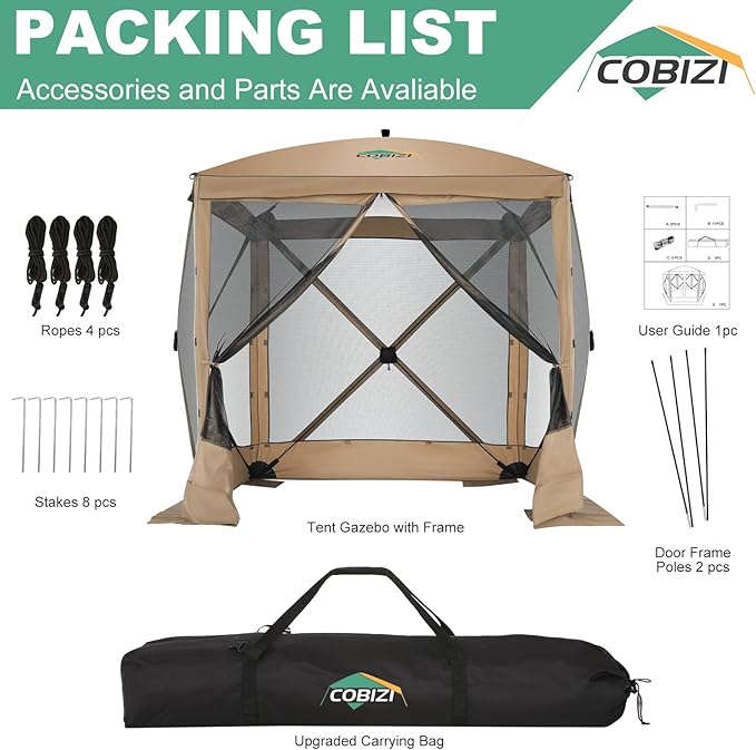 COBIZI 6x6 Pop up Gazebo Tent, Ez up Waterproof Screen Tent Screen House, Portable Outdoor Canopy Sun Shelter with Carry Bag & Ground Stakes for Camping, Garden and Picnics, Khaki(Upgraded 2.0)