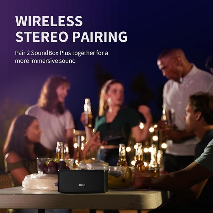 DOSS SoundBox Plus Bluetooth Speaker with Superior Sound, Bluetooth 5.0, Wireless Stereo Pairing, Built-in Mic, 20H Playtime, Portable for Hking, Beach, Camping. Outdoor, Home - Black. Upgrade version