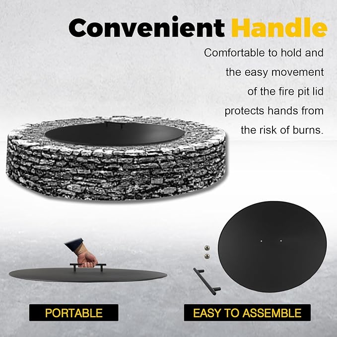 28" Fire Pit Lid Round Outdoor Fireplace Cover Lid Heat Resistant Flat Burner Pan Cover for Round Patio Fire Pit Prevent Sparks, Snuff Campfire