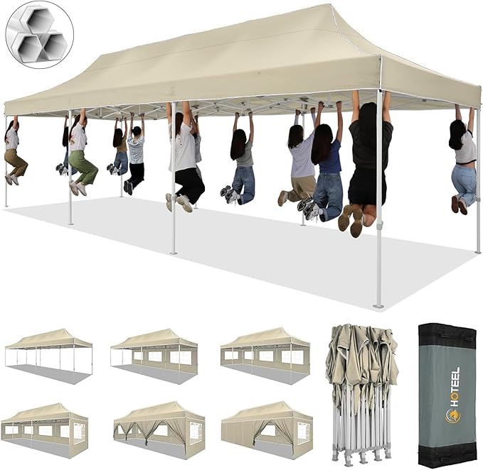 HOTEEL 10x30 Pop up Canopy Tent for Parties, Heavy Duty Easy Setup Tent with 8 Sidewalls, Outdoor Commercial Instant Gazebo for Wedding Event, with Portable Bag & Sand Bags, Khaki(Hexagonal Frame)