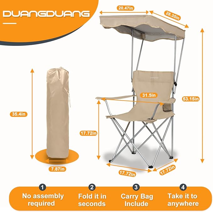 Camping Chair 2 Pack Portable Camping Chair with Canopy,Folding Chair with Canopy, Durable 600D Oxford Canopy Chair for Camping, Beach, Picnics, Fishing & Sports.Beige