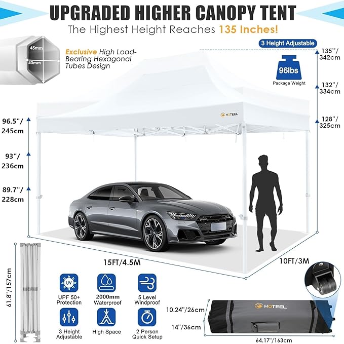 HOTEEL 10x15 Heavy Duty Pop Up Canopy Tent for Parties Event Wedding Commercial Instant Canopy Portable Shelter Folding with Roller Bag, Waterproof UV Resistant, Upgraded Thick Hexagonal Legs, White