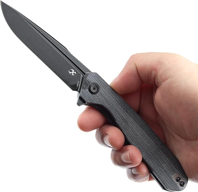 KANSEPT Qilin Pocket Knife, 3.24'' Blackwash 154CM Sharp Blade, Black Micarta Handle for Edc, Flipper and Liner Lock with Double-Sided Clip, Men Camping Survival Folding Knives T1047A1