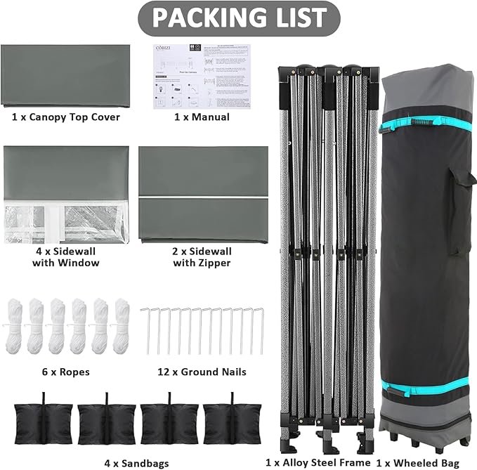 COBIZI 10x20 Pop Up Canopy with 6 Sidewall,Heavy Duty Canopy UPF 50+ All Season Wind Waterproof Commercial Outdoor Wedding Party Tents for Parties Canopy Gazebo with Roller Bag(10 x 20 ft Gray)