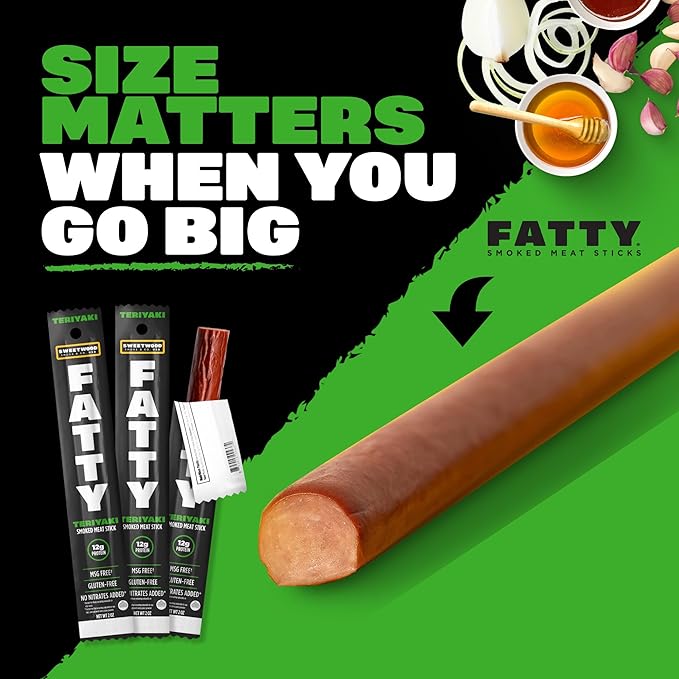 FATTY Meat Sticks, Made with Grass Fed Beef, Pork Raised Without Antibiotics, 12g Protein Per Stick, Teriyaki, 2 oz. (Pack of 20)