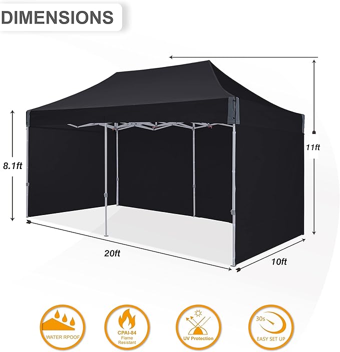 10x20 pop up Canopy, Eazy up Outdoor Patio Canopy Tent with sidewalls, Heavy Duty Commercial Instant Tent with Sand Bags for Deck, Party, Camping, Backyard, Playground, Black