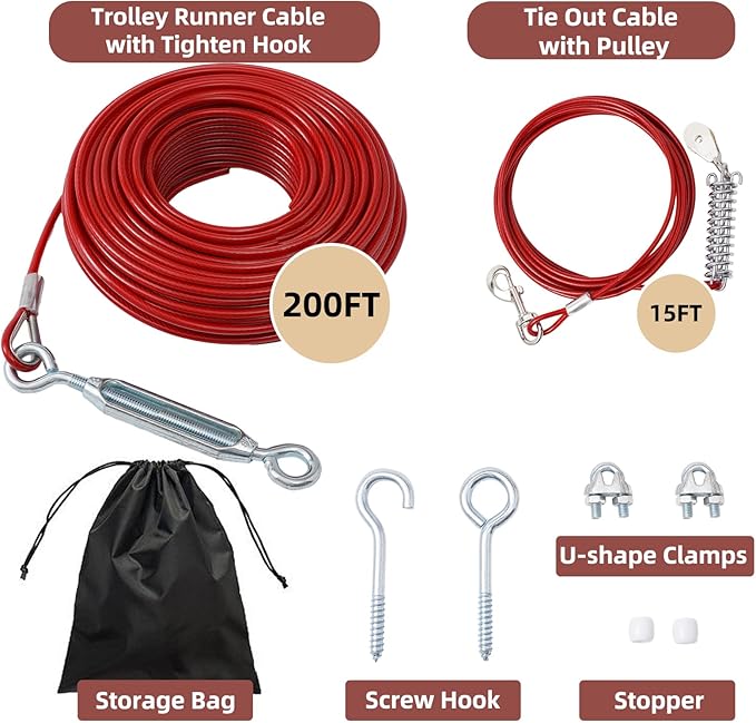 200FT Dog Runner for Yard with 15FT Tie Out Cable - Heavy Duty Trolley System for Large Dogs Up to 250LBS, Backyard/Park/Camping Use (Red, 200FT+15FT)
