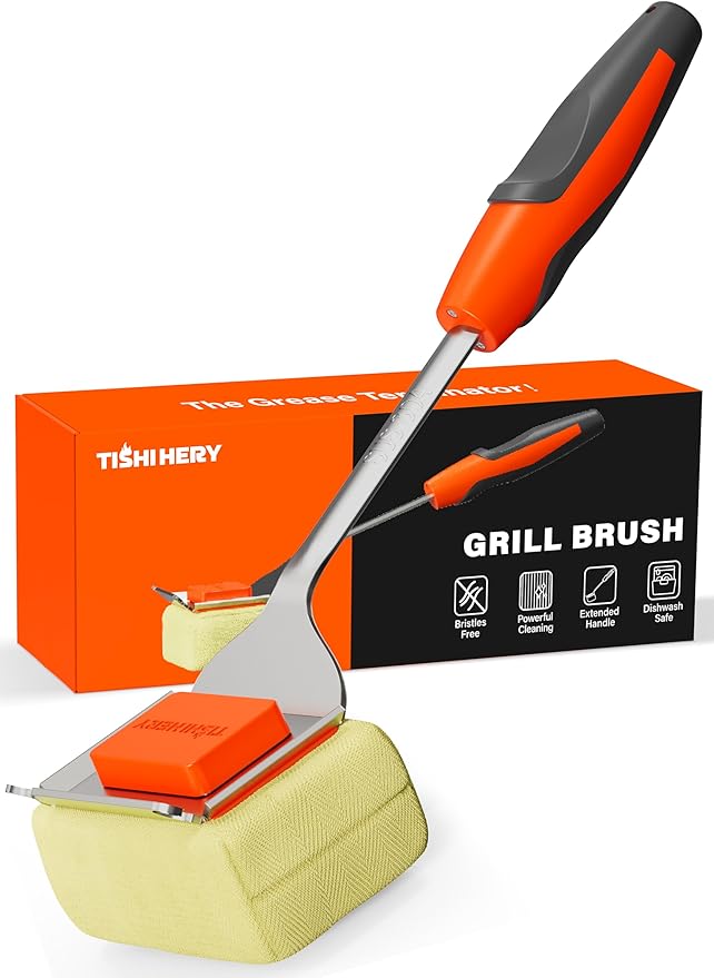 Grill Brush Bristle Free for Outdoor Grill, Steam Grill Cleaning Brush Replaceable Head, Extended Handle, Safe BBQ Cleaner Brush with Scraper for Cast Iron Stainless Steel Porcelain Grates