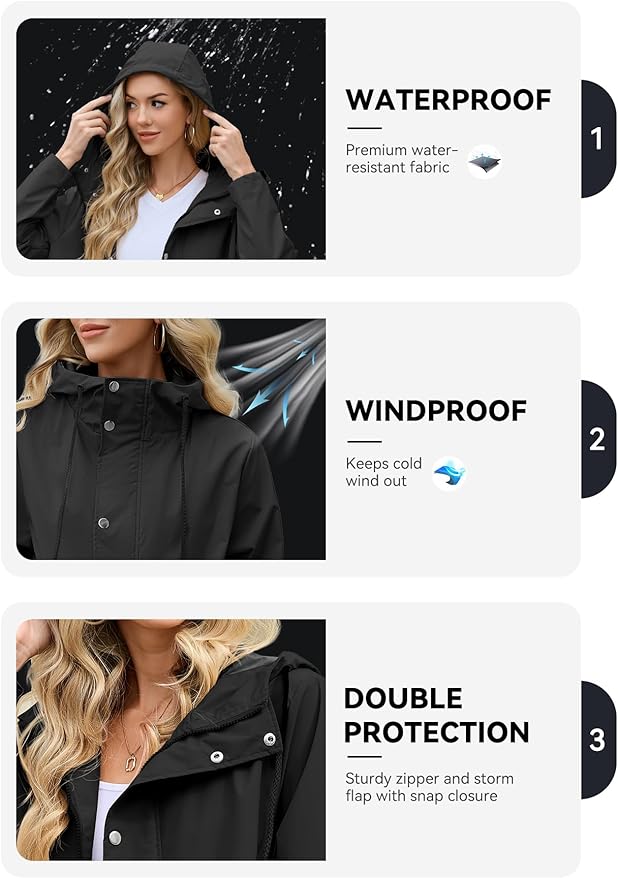 Zando Long Packable Rain Jacket Women Waterproof - Raincoat for Women Rain Coat with Hood Lightweight Outdoor Windbreaker
