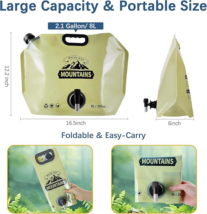 Camping Water Jug 2.1 Gallon Collapsible Water Container Portable Water Bag for Travel Outdoor Hiking BPA Free Lightweight (Beige (2.1Gal), 2)