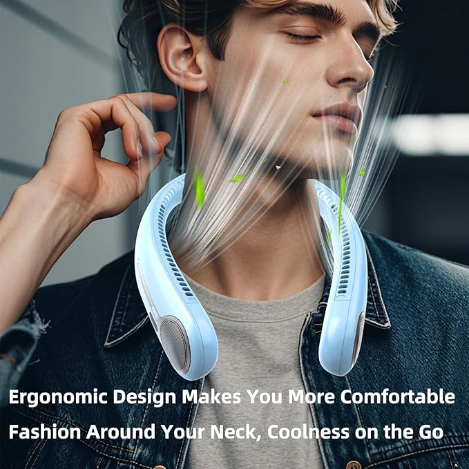 Portable Neck Fan,Gift Ideas,Personal Wearable Bladeless Fan,360° Cooling,LED Display,4-Speeds,6000mAh Rechargeable,Powerful Wind,Outdoor Travel Camping,Birthday Gifts for Men Women (Light blue)