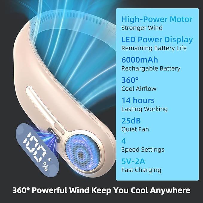 Portable Neck Fan,Gift Ideas,Personal Wearable Bladeless Fan,360° Cooling,LED Display,4-Speeds,6000mAh Rechargeable,Powerful Wind,Outdoor Travel Camping,Birthday Gifts for Men Women Dad Mom (Brown)