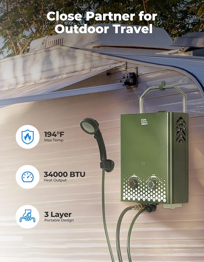 KEMIMOTO Tankless Portable Propane Water Heater Outdoor,1.32Gpm 34000 BTU Camping Portable Water Heater,Easy Installation, 5L Lightweight Heater,Suitable for Rv/Camping/Cabin