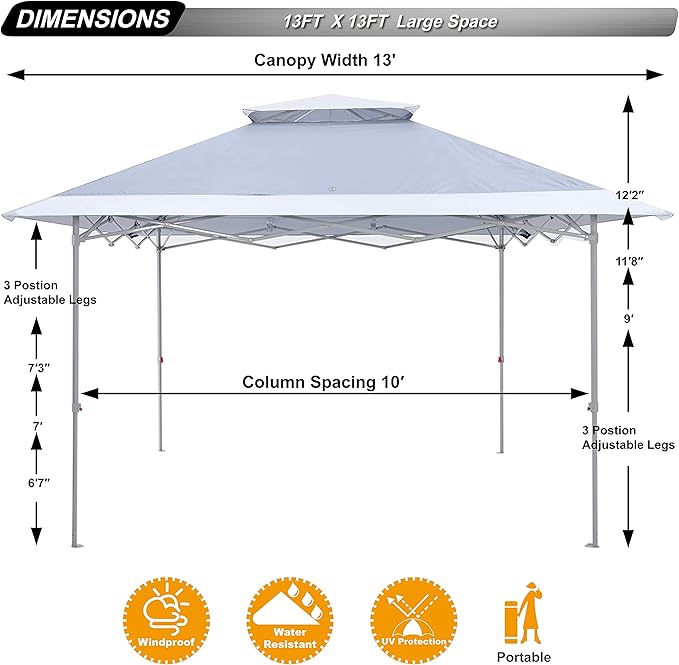 ABCCANOPY Easy Set-up 13x13 Canopy Tent 169 sq.ft Sun Shade Light Gray