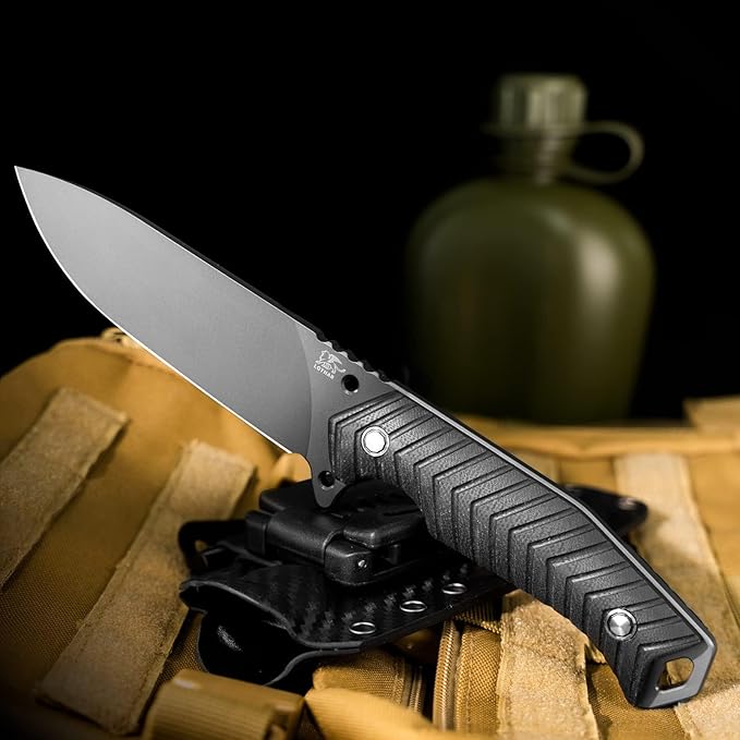 LOTHAR BAT Survival Knife, Full Tang D2 Steel Fixed Blade Knife with G10 Handle, Tactical Hunting Horizontal Carry Knives with Kydex Sheath, Bushcraft Camping Knives, Gifts For Men